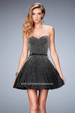 Picture of: Short Stretch Satin Gown with Pearls and a Bow in Black, Style: 22485, Main Picture