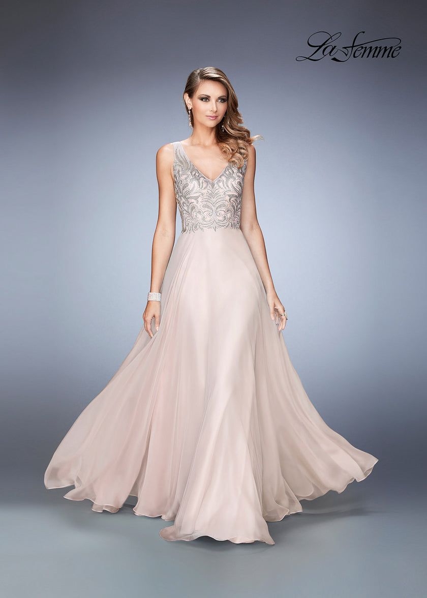 Picture of: Long Chiffon Prom Dress with Sheer Straps and Back in Blush Style: 22499, Detail Picture 1
