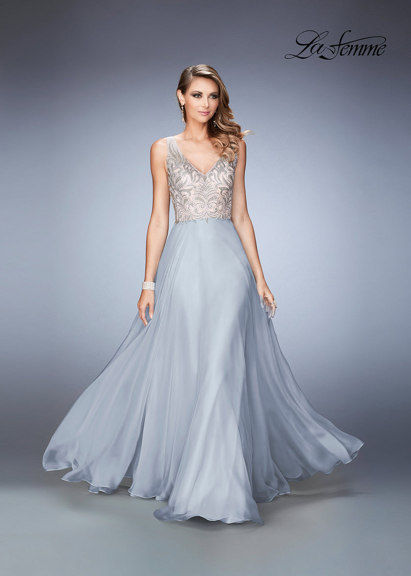 Picture of: Long Chiffon Prom Dress with Sheer Straps and Back in Silver Style: 22499, Detail Picture 2