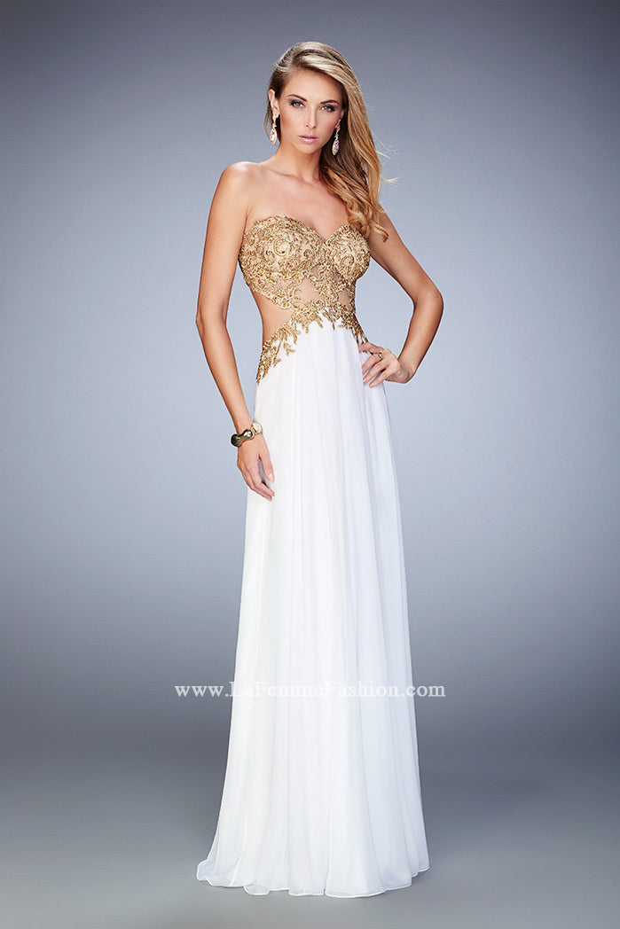 Picture of: Chiffon Prom Dress with Sheer Detail and Lace Applique in White, Style: 22504, Detail Picture 1