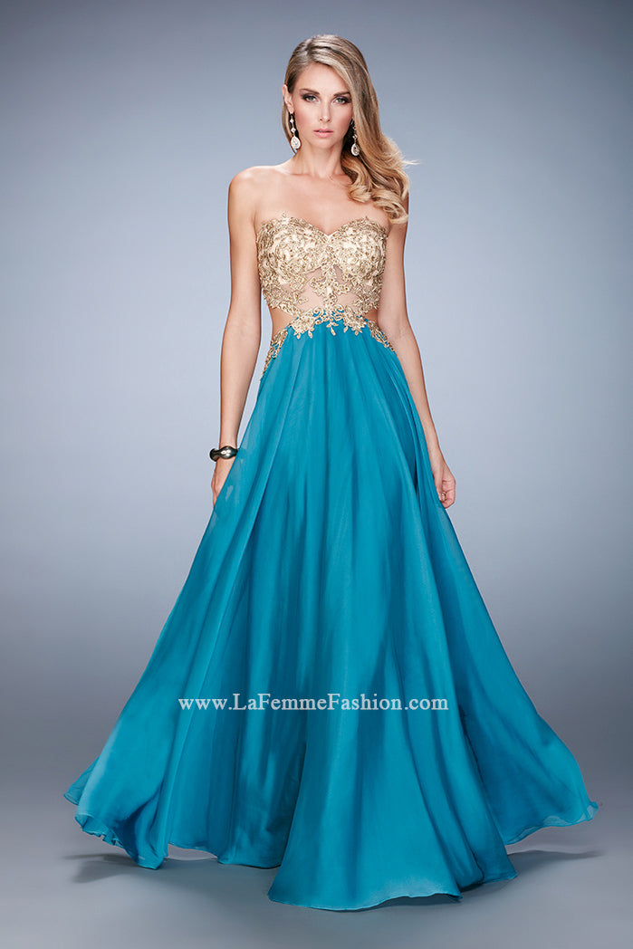 Picture of: Chiffon Prom Dress with Sheer Detail and Lace Applique in Green, Style: 22504, Detail Picture 2