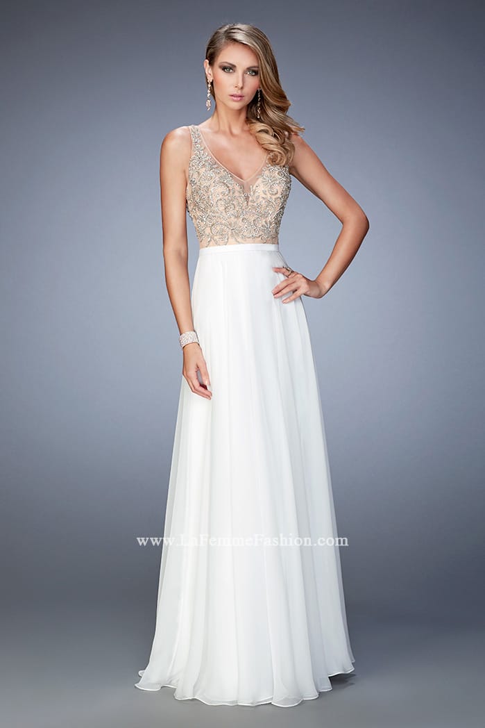 Picture of: V Neck Chiffon Prom Dress with Vintage Beading in White, Style: 22517, Detail Picture 1