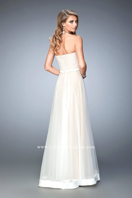 Picture of: Tulle A-line Gown with Striped Bodice and Satin Trim in White, Style: 22536, Back Picture