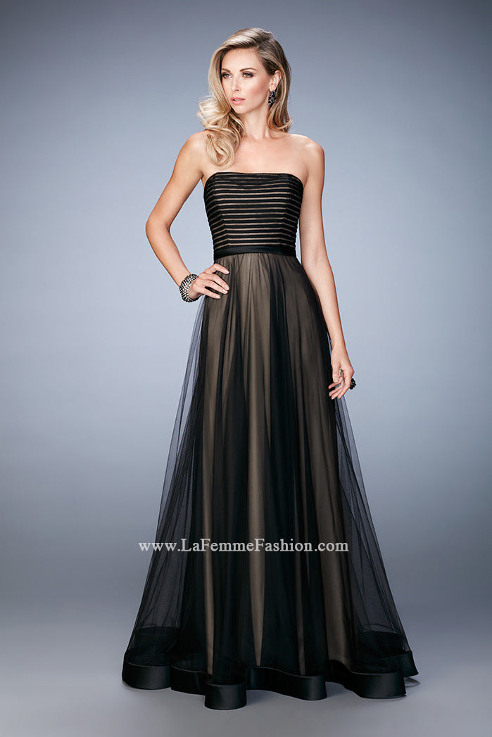 Picture of: Tulle A-line Gown with Striped Bodice and Satin Trim in Black, Style: 22536, Detail Picture 1