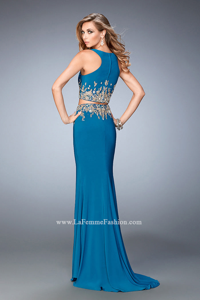 Picture of: Long Two Piece Embellished Prom Dress with leg slit in Blue, Style: 22592, Back Picture