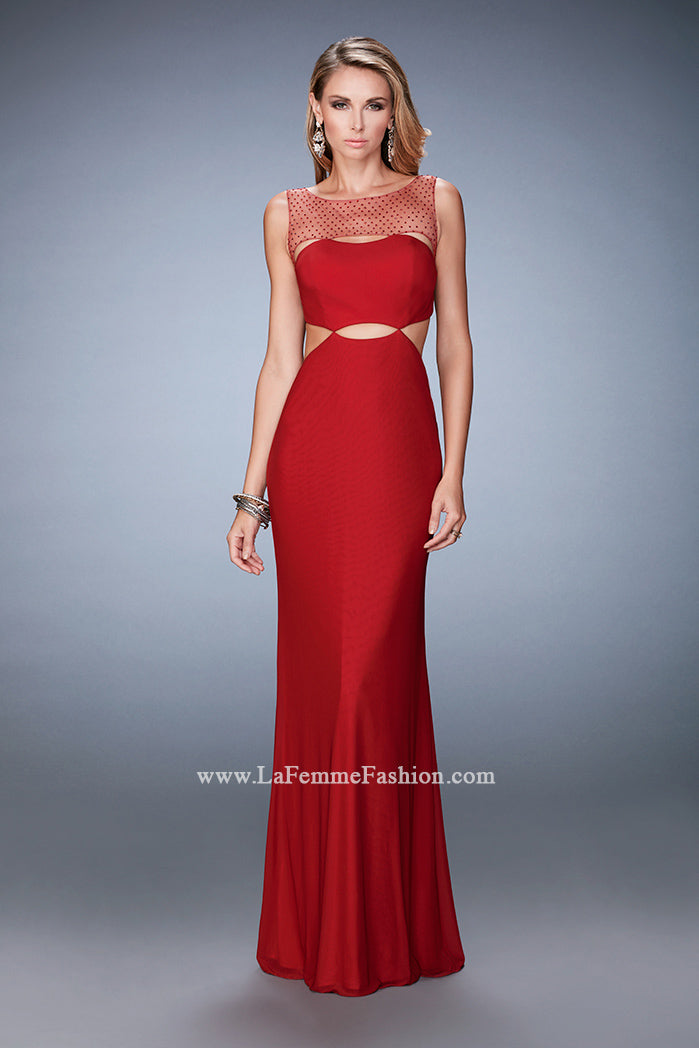Picture of: Embellished Jersey Prom Dress with Cut Out Neckline in Red, Style: 22600, Detail Picture 1