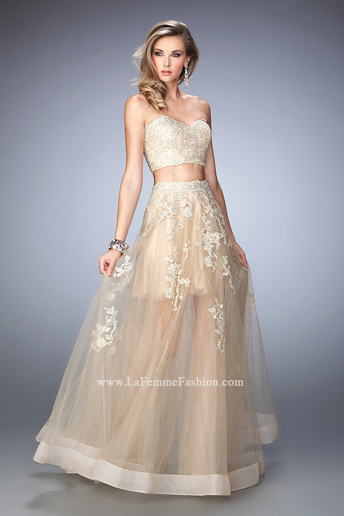 Picture of: Tulle Prom Gown with Gold Beaded and Lace Applique in Nude, Style: 22602, Main Picture