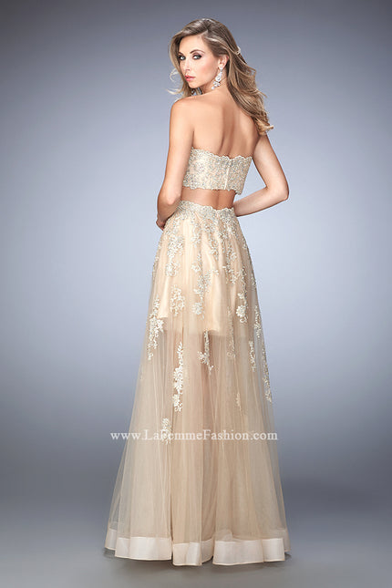 Picture of: Tulle Prom Gown with Gold Beaded and Lace Applique in Nude, Style: 22602, Back Picture