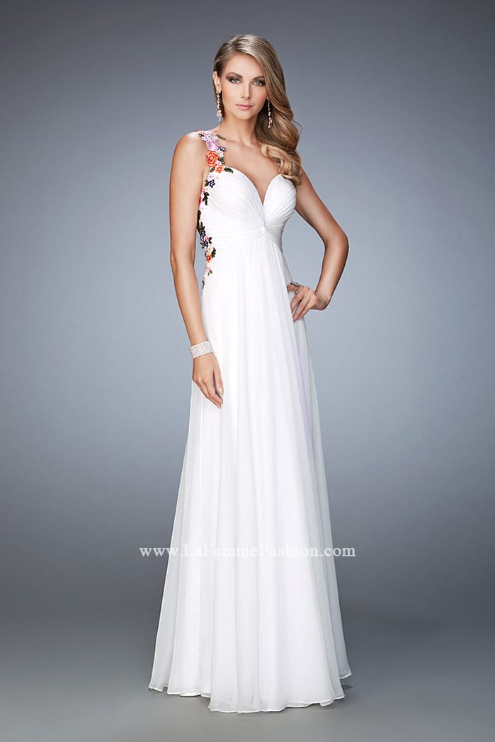 Picture of: Floral Embroidered Chiffon Prom Gown in White, Style: 22610, Back Picture