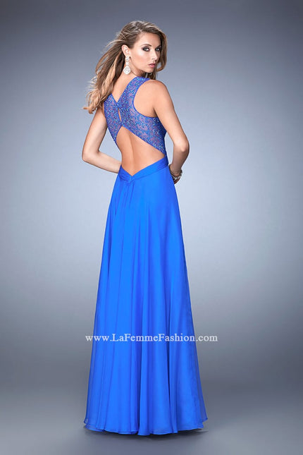 Picture of: Long Floral Chiffon Gown with Sweetheart Neckline in Blue, Style: 22612, Back Picture
