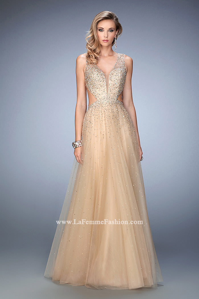 Picture of: Long Embellished Tulle Gown with Plunging Neckline in Nude, Style: 22613, Main Picture
