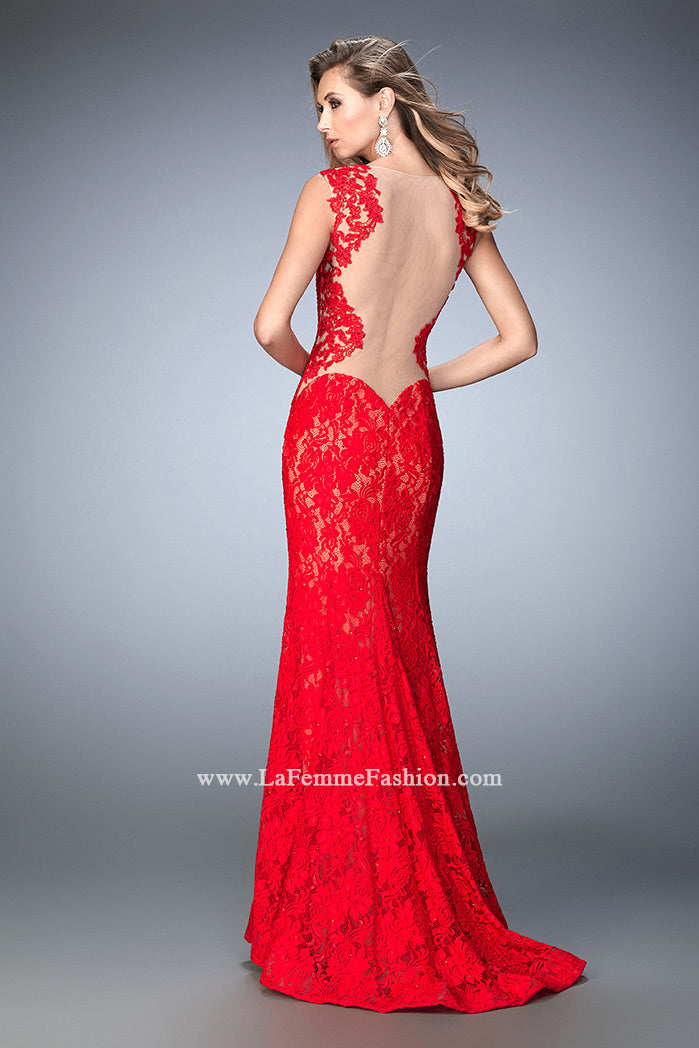Picture of: Stretch Lace Prom Gown with Open Back and Train in Red, Style: 22617, Back Picture