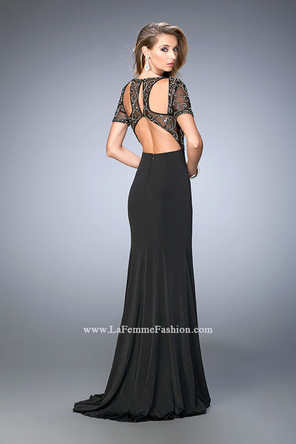 Picture of: Beaded Jersey Prom Dress with Sheer Bodice and Train in Black, Style: 22647, Main Picture
