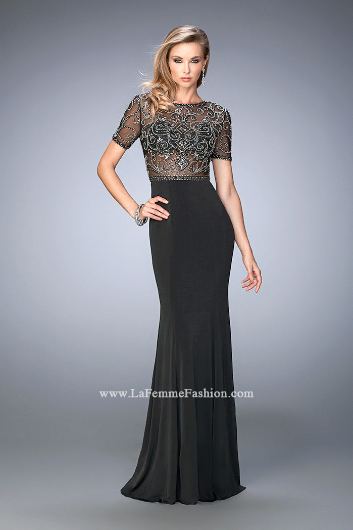 Picture of: Beaded Jersey Prom Dress with Sheer Bodice and Train in Black, Style: 22647, Back Picture