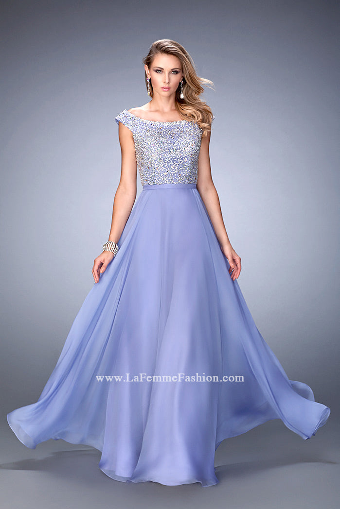 Picture of: Embellished Long Chiffon Gown with Boat Neckline in Purple, Style: 22649, Main Picture