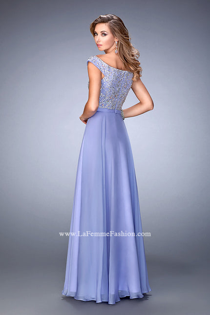 Picture of: Embellished Long Chiffon Gown with Boat Neckline in Purple, Style: 22649, Back Picture