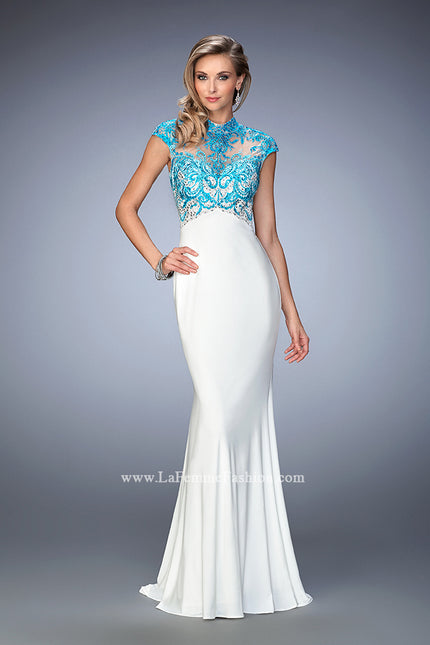 Picture of: Long Jersey Gown with mock Neck and Embroidery in White, Style: 22657, Main Picture