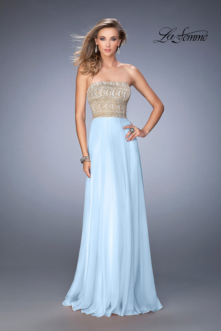 Picture of: Metallic Embroidered Chiffon Prom Dress in Pale Blue, Style: 22674, Detail Picture 2