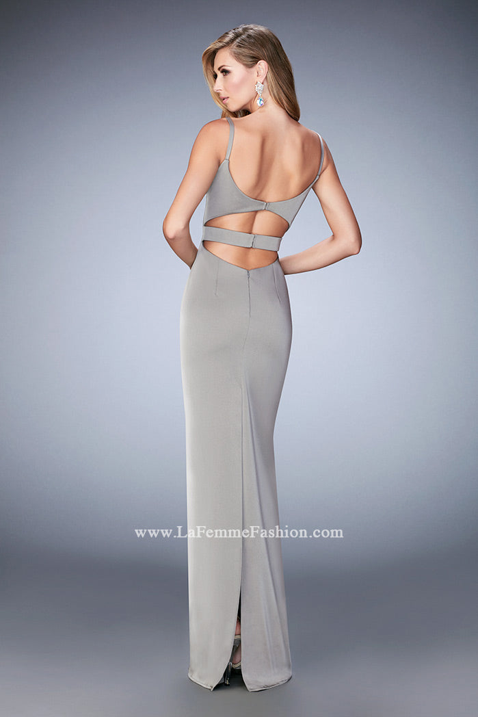 Picture of: Prom Gown with Cut Outs and Back Slit in Silver, Style: 22689, Back Picture