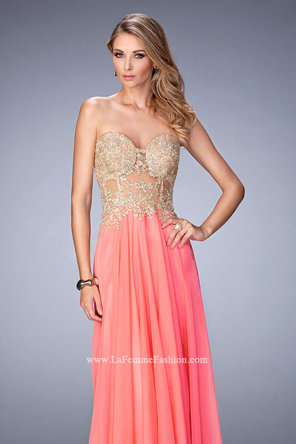 Picture of: Long Chiffon Prom Dress with Gold Lace Applique in Orange, Style: 22707, Main Picture