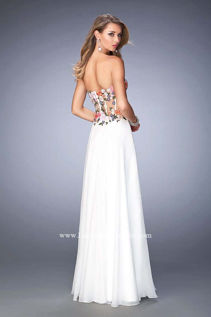 Picture of: Long Chiffon Dress with Lace Applique and Rhinestones in White, Style: 22709, Back Picture