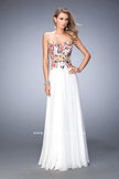Picture of: Long Chiffon Dress with Lace Applique and Rhinestones in White, Style: 22709, Detail Picture 1