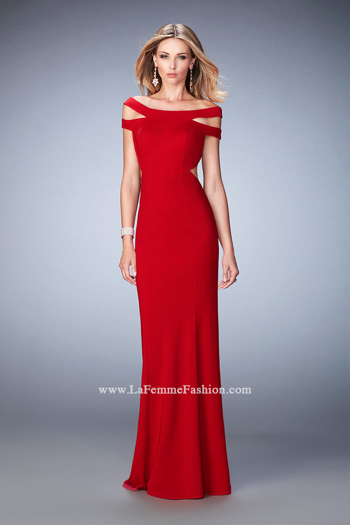 Picture of: Off the Shoulder Dress with Cut Outs and Open Back in Red, Style: 22728, Detail Picture 1