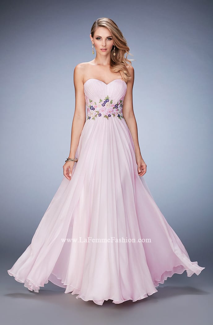 Picture of: Chiffon Gown with Gathered Bust and Lace Belt in Pink, Style: 22731, Main Picture