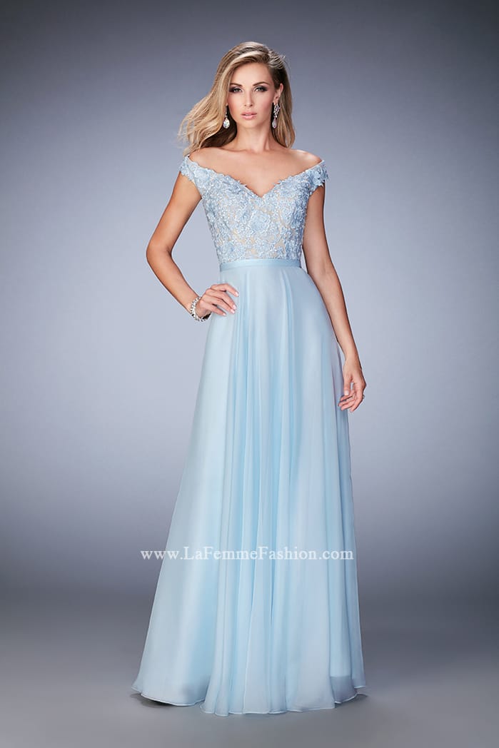 Picture of: Long Off the Shoulder Gown with 3-D Floral Lace in Blue, Style: 22737, Main Picture