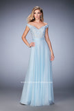 Picture of: Long Off the Shoulder Gown with 3-D Floral Lace in Blue, Style: 22737, Main Picture