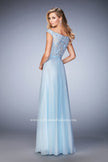Picture of: Long Off the Shoulder Gown with 3-D Floral Lace in Blue, Style: 22737, Back Picture