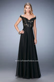 Picture of: Long Off the Shoulder Gown with 3-D Floral Lace in Black, Style: 22737, Detail Picture 1