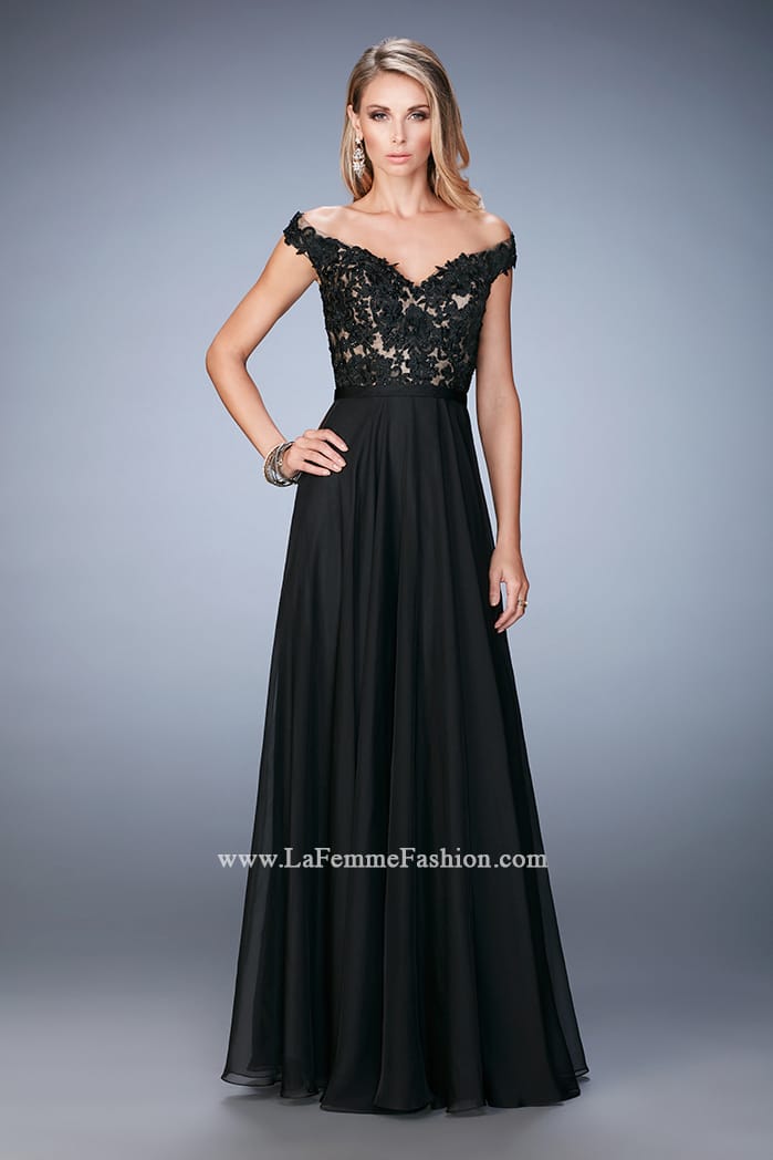 Picture of: Long Off the Shoulder Gown with 3-D Floral Lace in Black, Style: 22737, Detail Picture 1