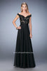 Picture of: Long Off the Shoulder Gown with 3-D Floral Lace in Black, Style: 22737, Detail Picture 1