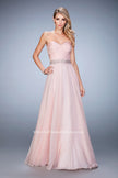Picture of: Chiffon Prom Gown with Gathered Bodice and Pearls in Pink, Style: 22786, Main Picture