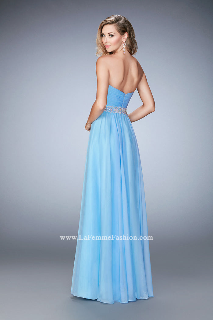 Picture of: Chiffon Prom Gown with Gathered Bodice and Pearls in Blue, Style: 22786, Back Picture