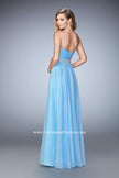 Picture of: Chiffon Prom Gown with Gathered Bodice and Pearls in Blue, Style: 22786, Back Picture