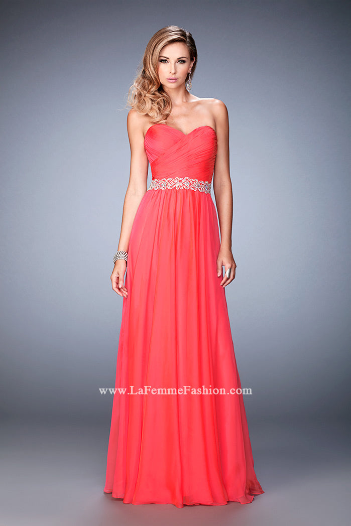 Picture of: Chiffon Prom Gown with Gathered Bodice and Pearls in Orange, Style: 22786, Detail Picture 2