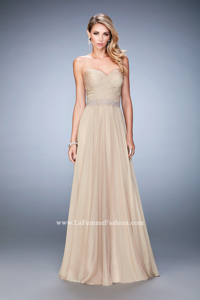 Picture of: Chiffon Prom Gown with Gathered Bodice and Pearls in Nude, Style: 22786, Detail Picture 4