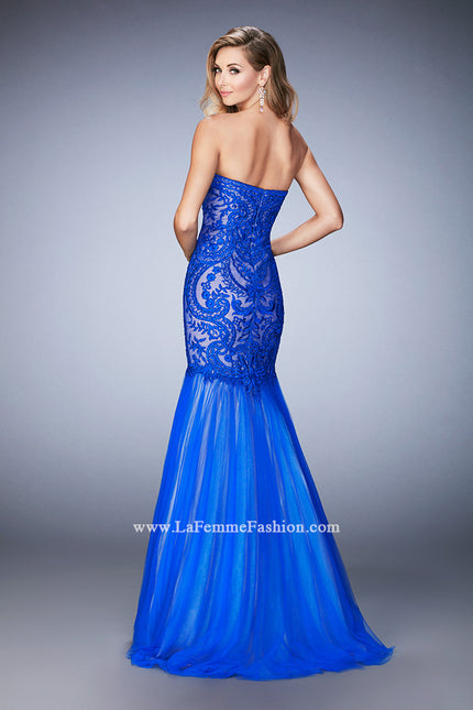 Picture of: Rhinestone Embroidered Prom Gown with Tulle Skirt in Blue, Style: 22836, Back Picture