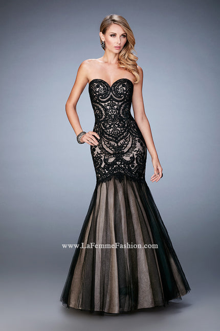 Picture of: Rhinestone Embroidered Prom Gown with Tulle Skirt in Black, Style: 22836, Detail Picture 1