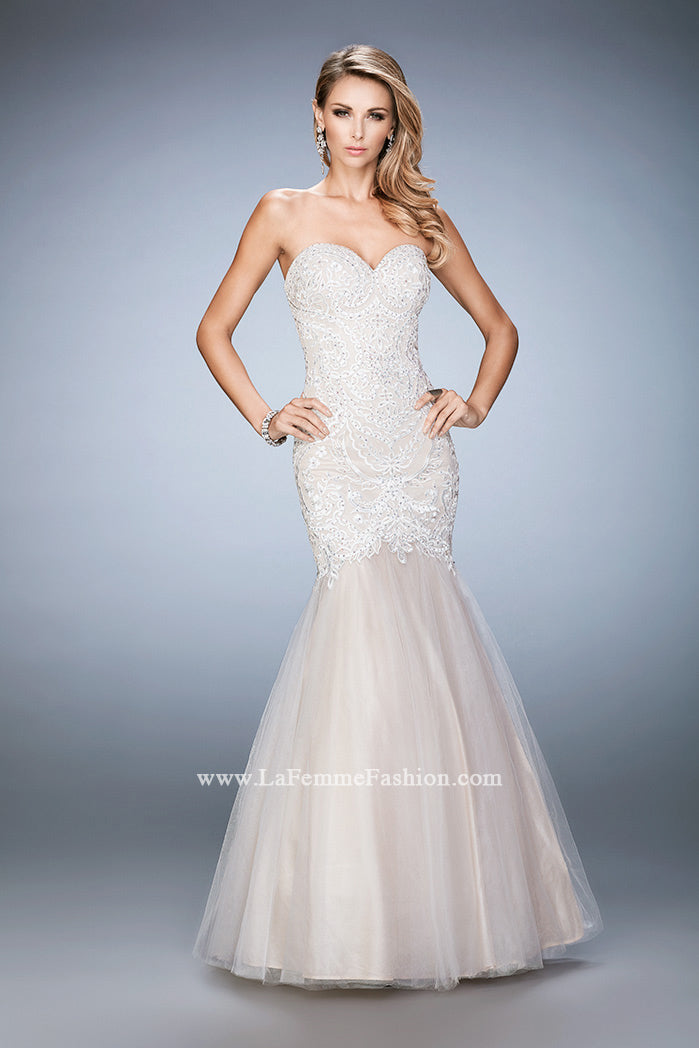 Picture of: Rhinestone Embroidered Prom Gown with Tulle Skirt in White, Style: 22836, Detail Picture 2