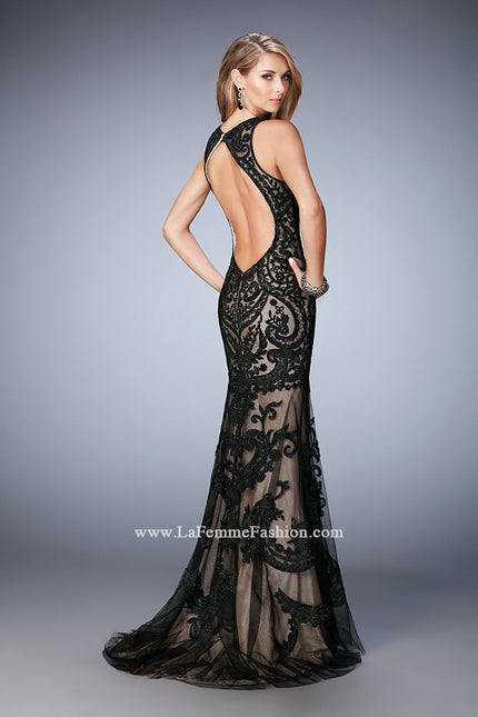 Picture of: Rhinestone Prom Dress with Sheer Neckline and Train in Black, Style: 22837, Back Picture