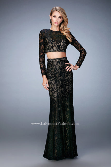 Picture of: Two Piece Lace Dress with Sheer Detail and Train in Black, Style: 22871, Detail Picture 2