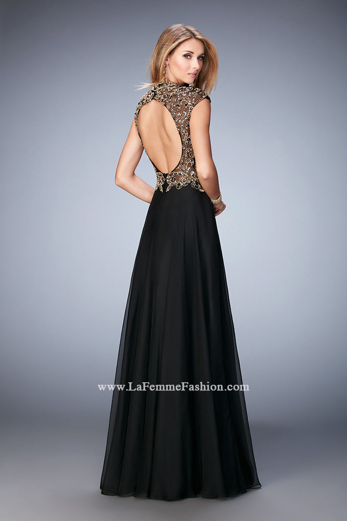Picture of: Long Prom Dress with Embellished Waistband in Black, Style: 22895, Back Picture