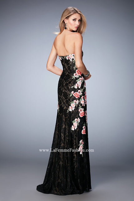 Picture of: Long Lace Prom Gown with Floral Applique and Train in Black, Style: 22914, Back Picture