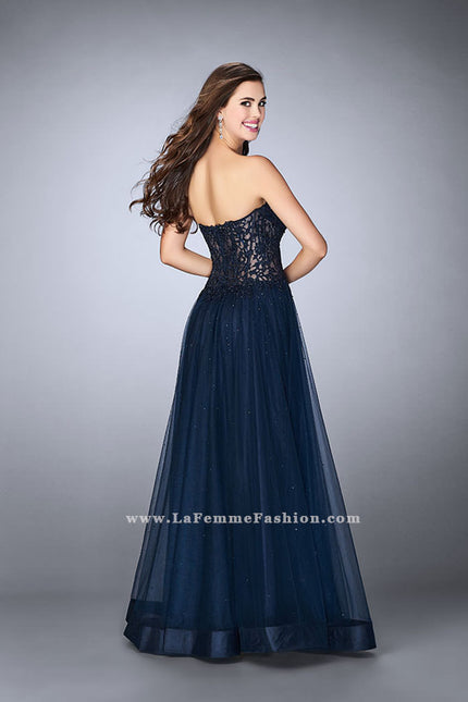 Picture of: Strapless dress with a sheer corset bodice and beaded tulle skirt in Blue, Style: 22964, Back Picture