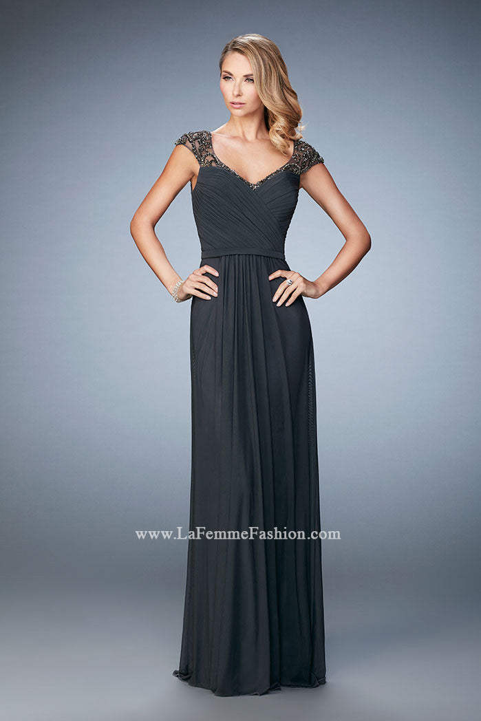 Picture of: Lace and Jeweled Prom Dress with Cap Sleeves in Silver, Style: 22974, Main Picture