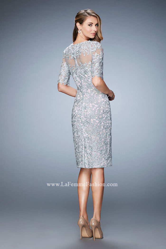 Picture of: Knee Length Lace Cocktail Dress with 3/4 Sleeves in Silver, Style: 22989, Back Picture