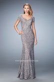 Picture of: Long Lace Evening Gown with Short Sleeves in Silver, Style: 22998, Detail Picture 1